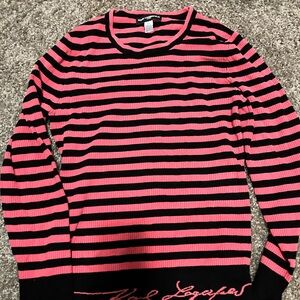 Karl Lagerfeld Pink and Black Striped Crewneck Sweater
